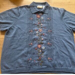 Alfred Dunner Blue Floral Embroidered Short Sleeve Sweater Top sz 2X grandmacore